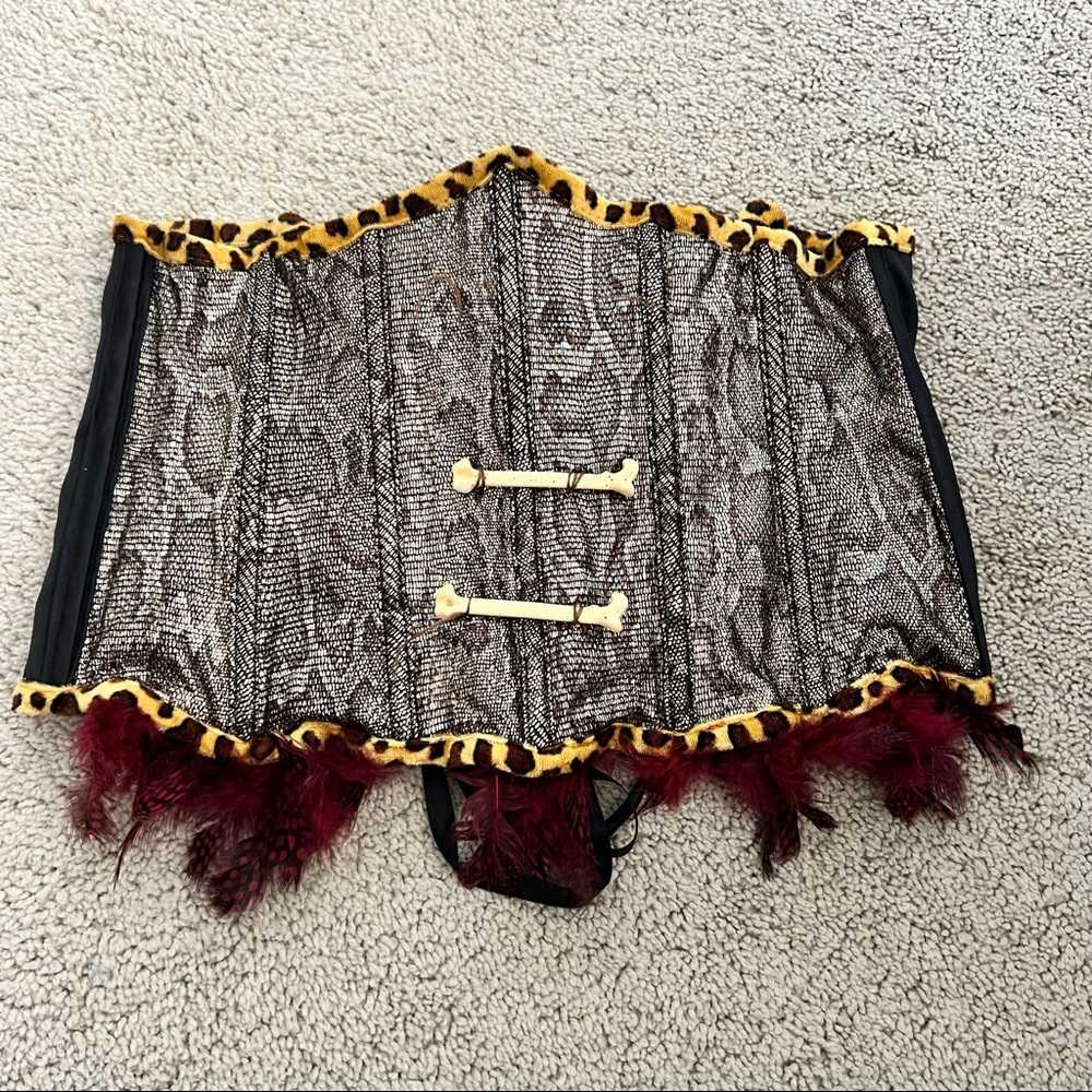 COSTUME! Underbust snakeskin, feathered corset with leopard trim